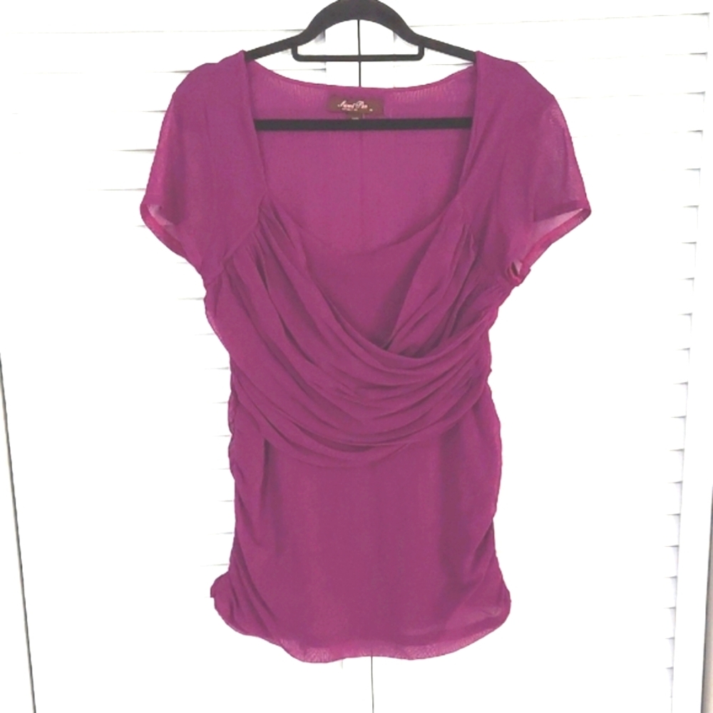 SweetPea Top, Size XL, Mesh Fabric with Ruched‎ Crossover and Sides, Violet Tone